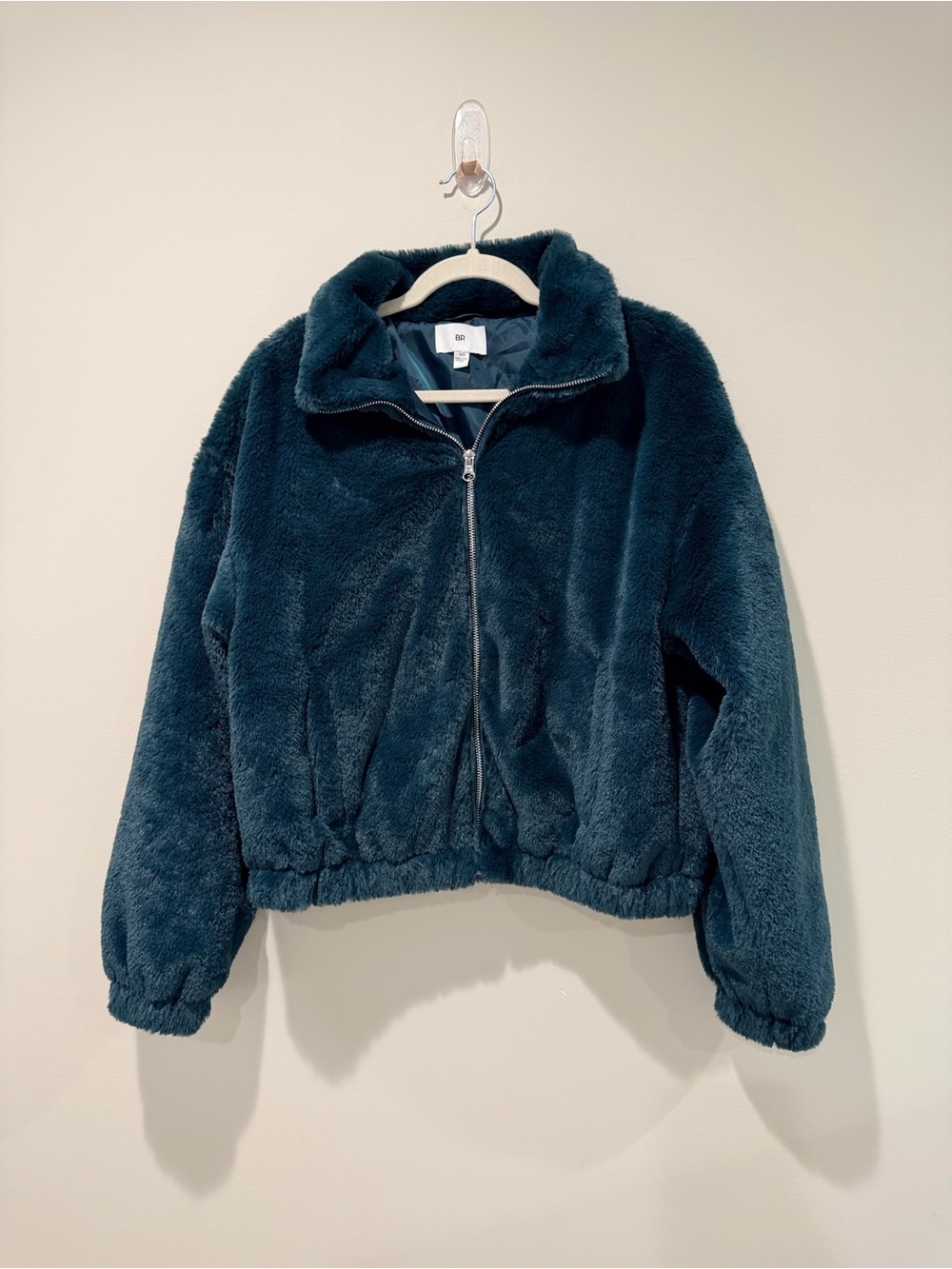bp Plush Zip-Front Super Soft Teddy Jacket in Dark Green Size XS